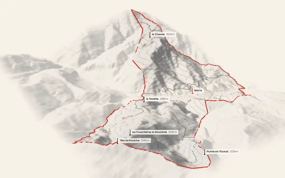Villeneuve-d'Entraunes vue en relief depuis le sud-ouest : le terrain va de 860 à 2 451 mètres d'altitude, et 325 bâtiments y sont dressés à leur hauteur réelle.