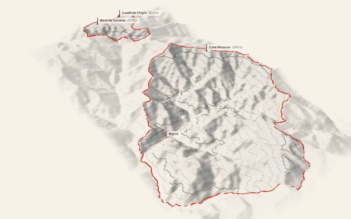 La Brigue vue en relief depuis le sud-ouest : le terrain va de 581 à 2 622 mètres d'altitude, et 1 465 bâtiments y sont dressés à leur hauteur réelle.