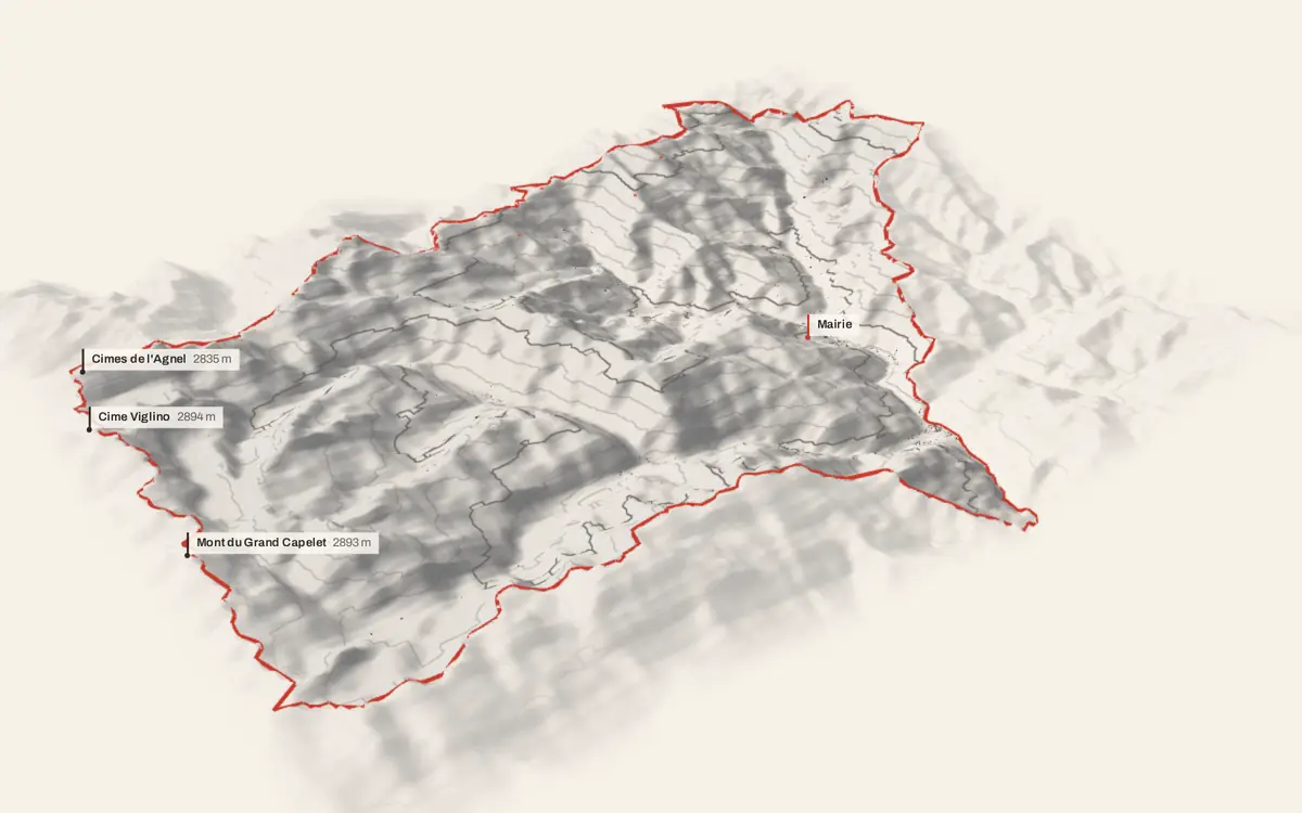 Tende vue en relief depuis le sud-ouest : le terrain va de 545 à 2 851 mètres d'altitude, et 2 450 bâtiments y sont dressés à leur hauteur réelle.