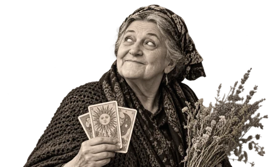 La Masco, la sorcière de La Criée, des cartes de tarot dans une main, un bouquet de lavande dans l’autre